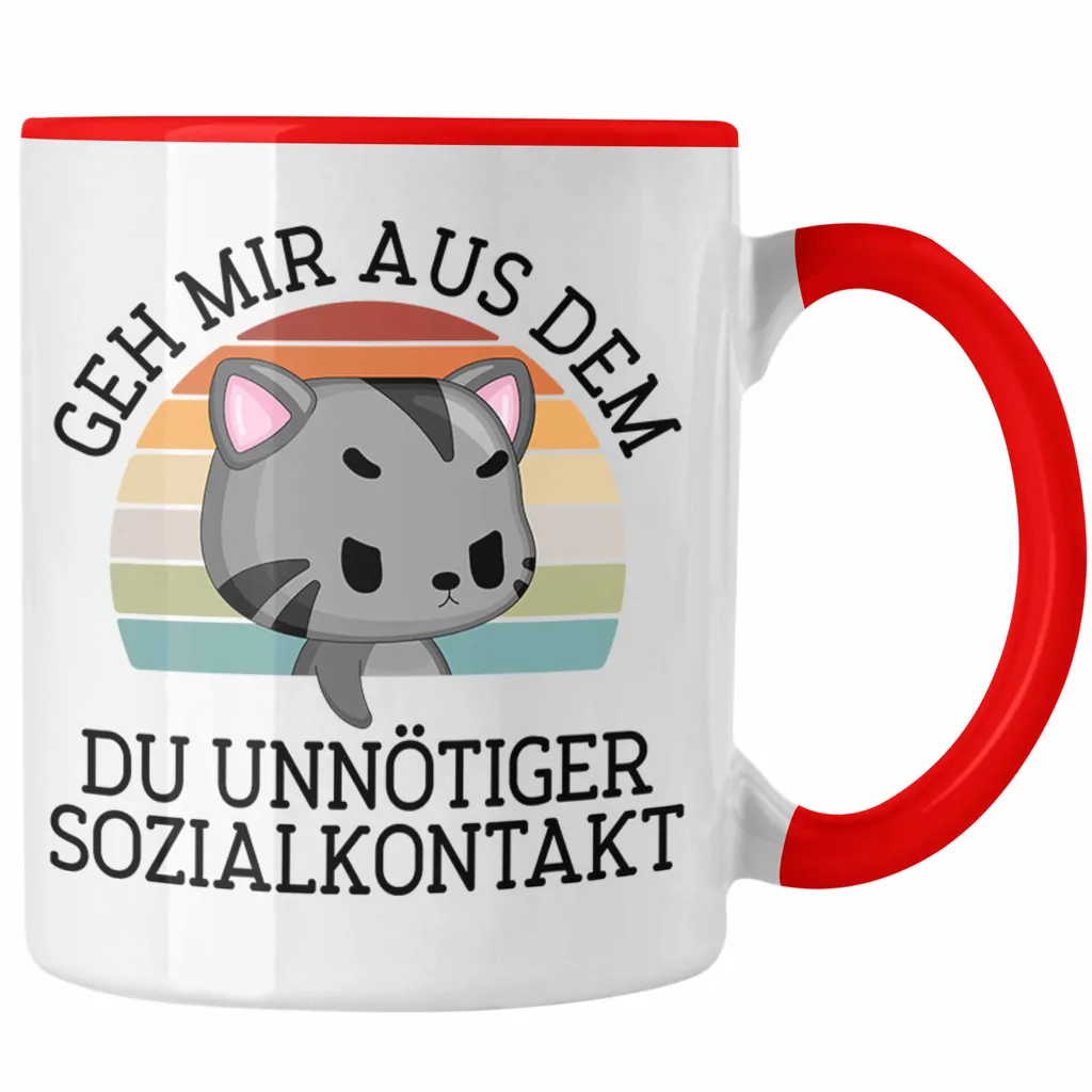 Trendation - Lustige Tasse Geh Mir Aus Dem Weg Du Unnötiger Sozialkontakt Geschenk Katze Witzige Tasse für Frauen Männer (Rot)